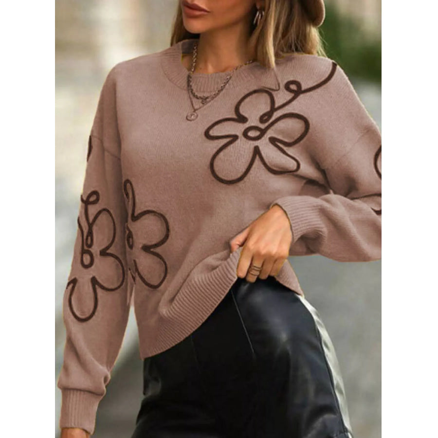 Flower Dropped Shoulder Sweater Camel / S Apparel and Accessories