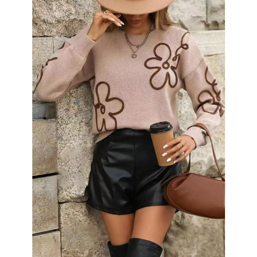 Flower Dropped Shoulder Sweater Dust Storm / S Apparel and Accessories