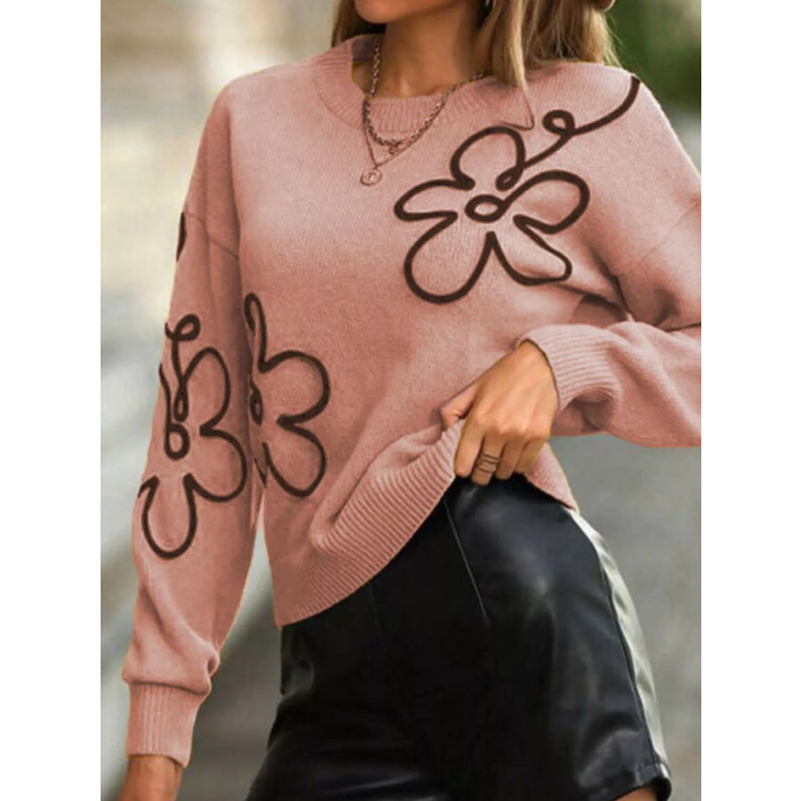 Flower Dropped Shoulder Sweater Dusty Pink / S Apparel and Accessories