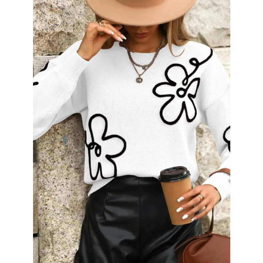 Flower Dropped Shoulder Sweater White / S Apparel and Accessories
