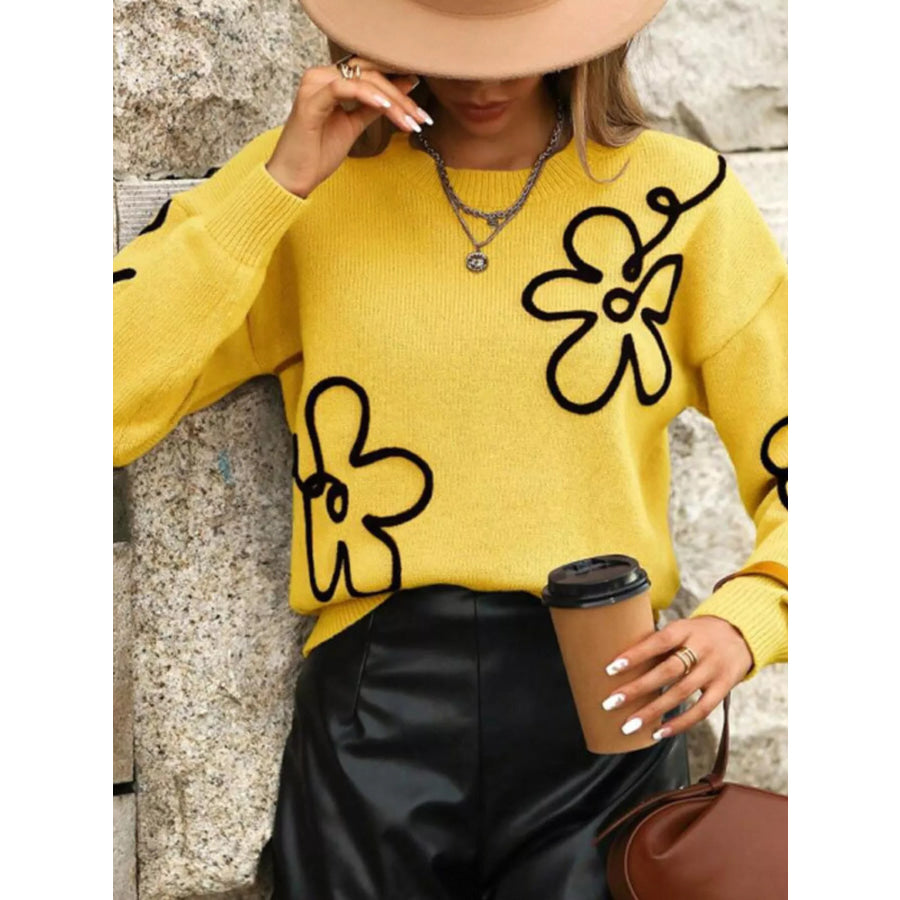 Flower Dropped Shoulder Sweater Yellow / S Apparel and Accessories