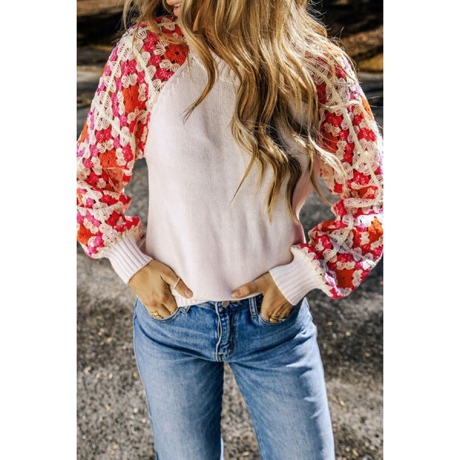 Flower Element Openwork Round Neck Sweater Clothing