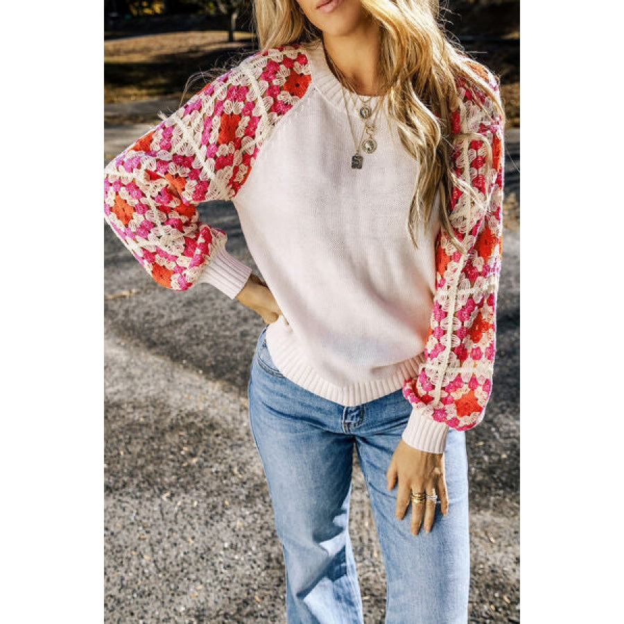 Flower Element Openwork Round Neck Sweater Clothing