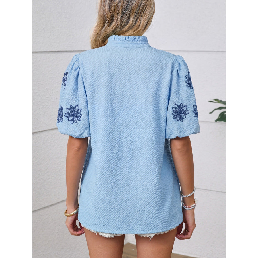 Flower Embroidered Puff Sleeve Split Neck Textured Blouse Apparel and Accessories