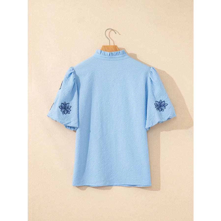 Flower Embroidered Puff Sleeve Split Neck Textured Blouse Apparel and Accessories