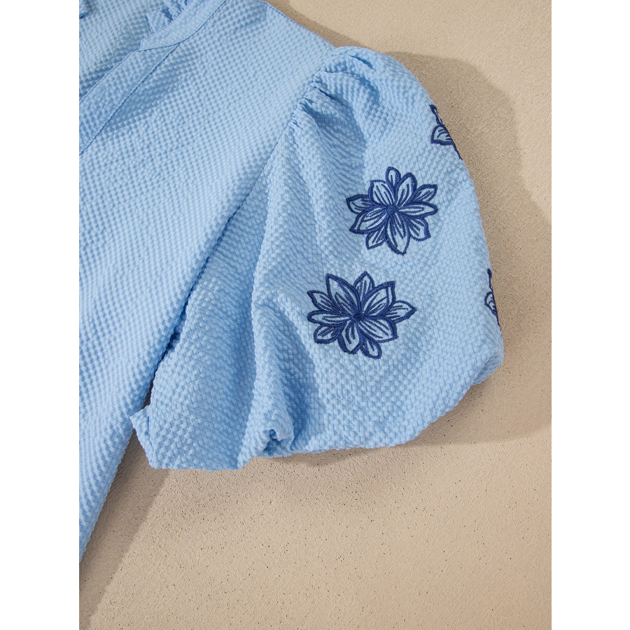 Flower Embroidered Puff Sleeve Split Neck Textured Blouse Apparel and Accessories