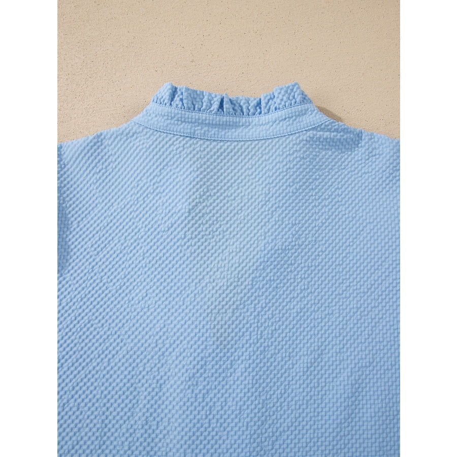 Flower Embroidered Puff Sleeve Split Neck Textured Blouse Apparel and Accessories