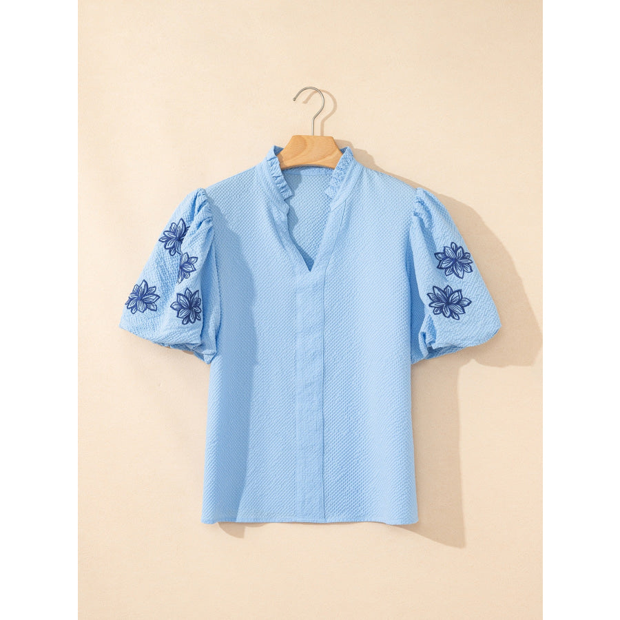 Flower Embroidered Puff Sleeve Split Neck Textured Blouse Apparel and Accessories