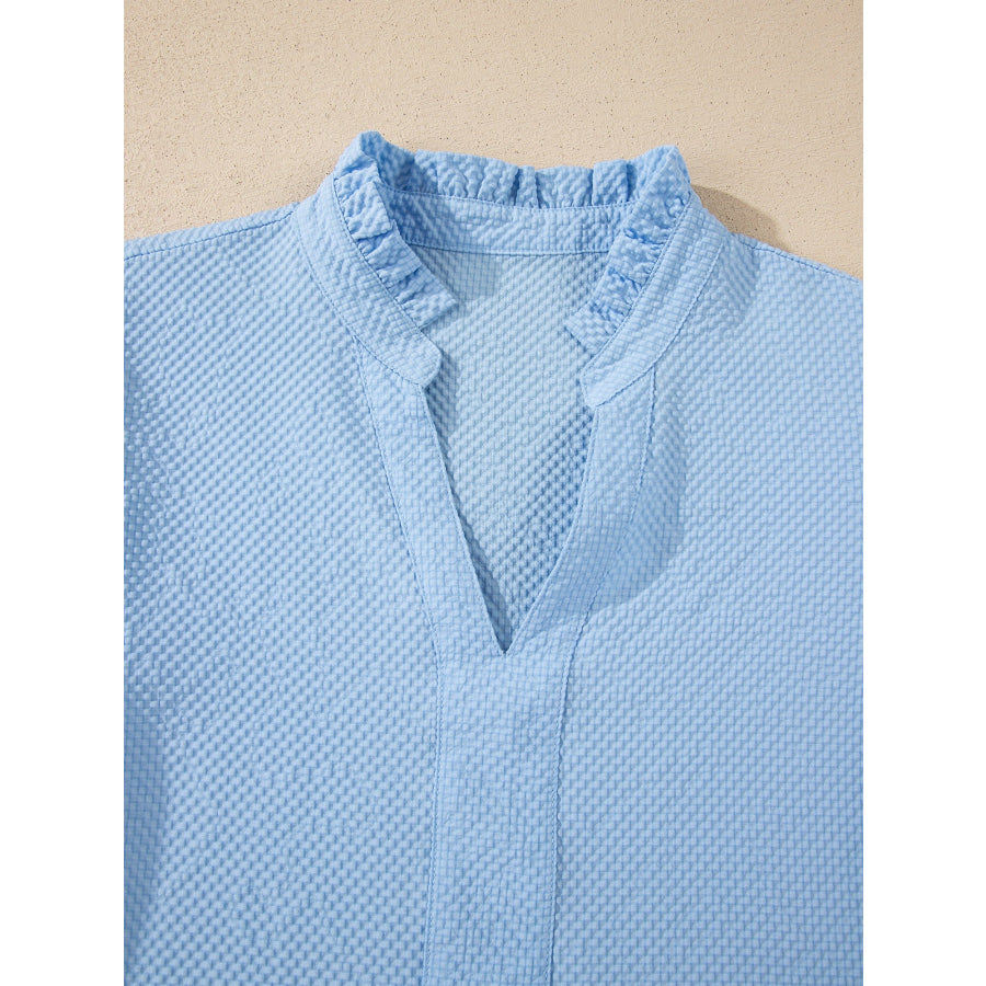 Flower Embroidered Puff Sleeve Split Neck Textured Blouse Apparel and Accessories
