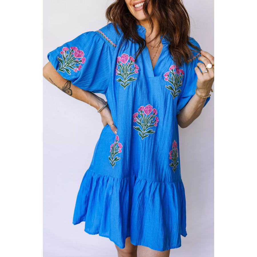Flower Embroidered Split Neck Short Puff Sleeve Ruffle Hem Dress Apparel and Accessories