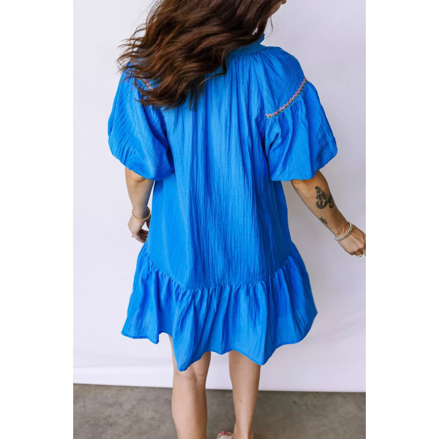 Flower Embroidered Split Neck Short Puff Sleeve Ruffle Hem Dress Apparel and Accessories
