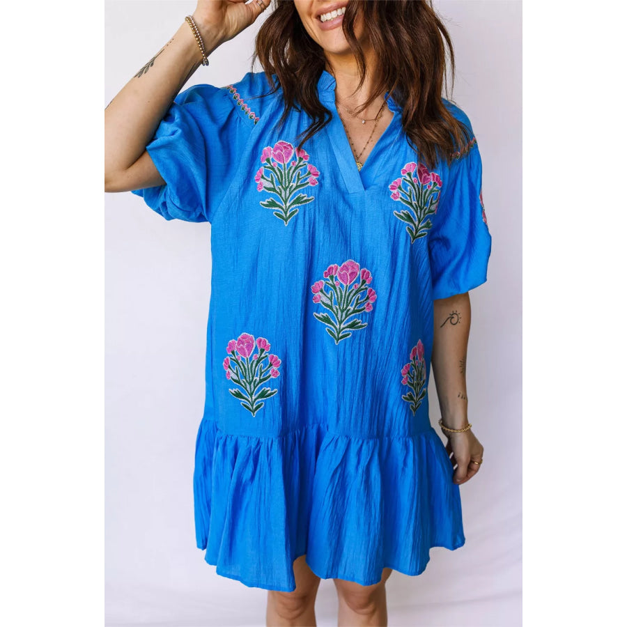 Flower Embroidered Split Neck Short Puff Sleeve Ruffle Hem Dress Apparel and Accessories