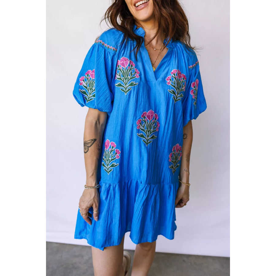 Flower Embroidered Split Neck Short Puff Sleeve Ruffle Hem Dress Apparel and Accessories