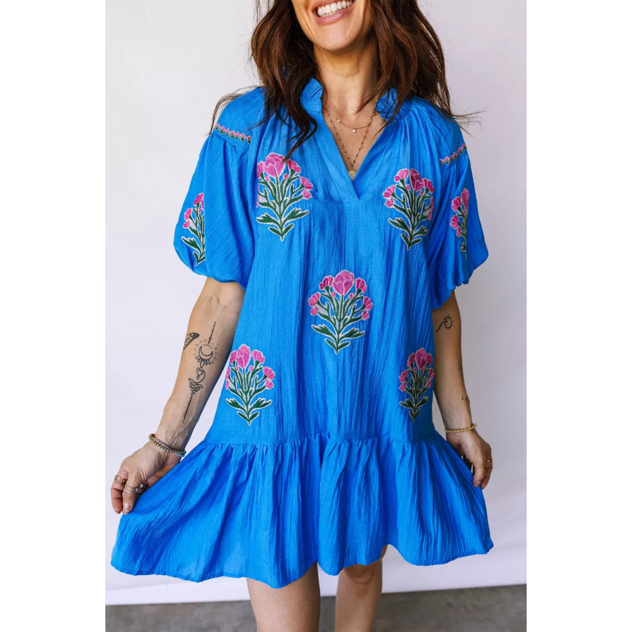 Flower Embroidered Split Neck Short Puff Sleeve Ruffle Hem Dress Royal Blue / S Apparel and Accessories