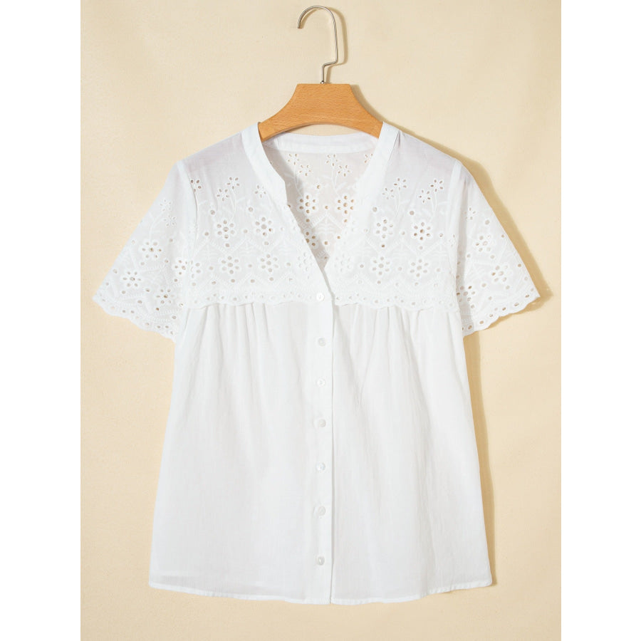 Flower Eyelet Embroidered Patchwork Sheer Short Sleeve Shirt Apparel and Accessories