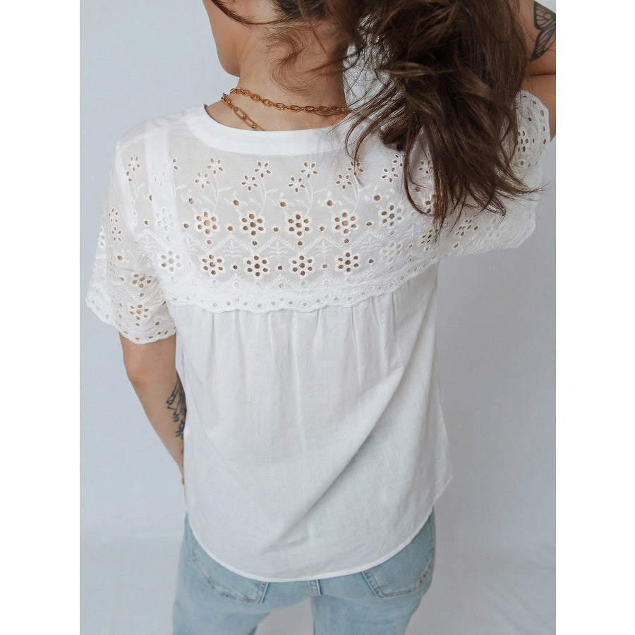 Flower Eyelet Embroidered Patchwork Sheer Short Sleeve Shirt Apparel and Accessories
