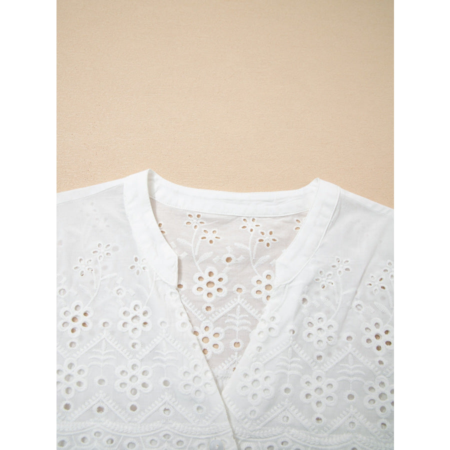 Flower Eyelet Embroidered Patchwork Sheer Short Sleeve Shirt Apparel and Accessories