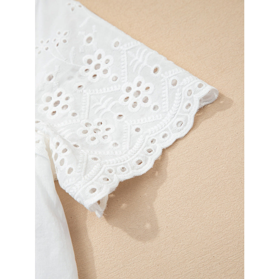 Flower Eyelet Embroidered Patchwork Sheer Short Sleeve Shirt Apparel and Accessories