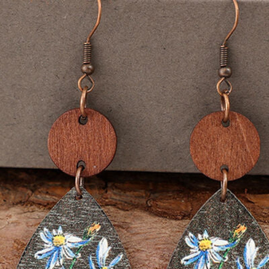 Flower Geometrical Shape Wooden Earrings Misty Blue / One Size Apparel and Accessories