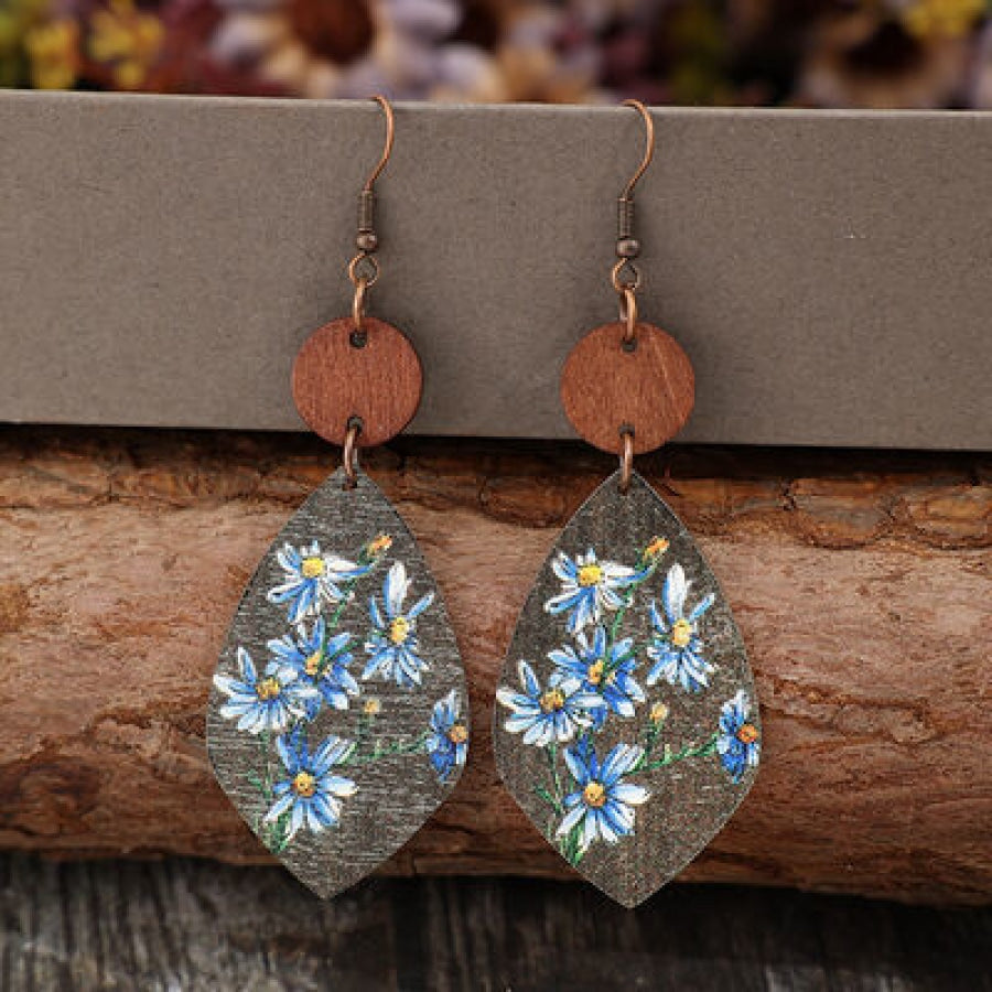 Flower Geometrical Shape Wooden Earrings Misty Blue / One Size Apparel and Accessories