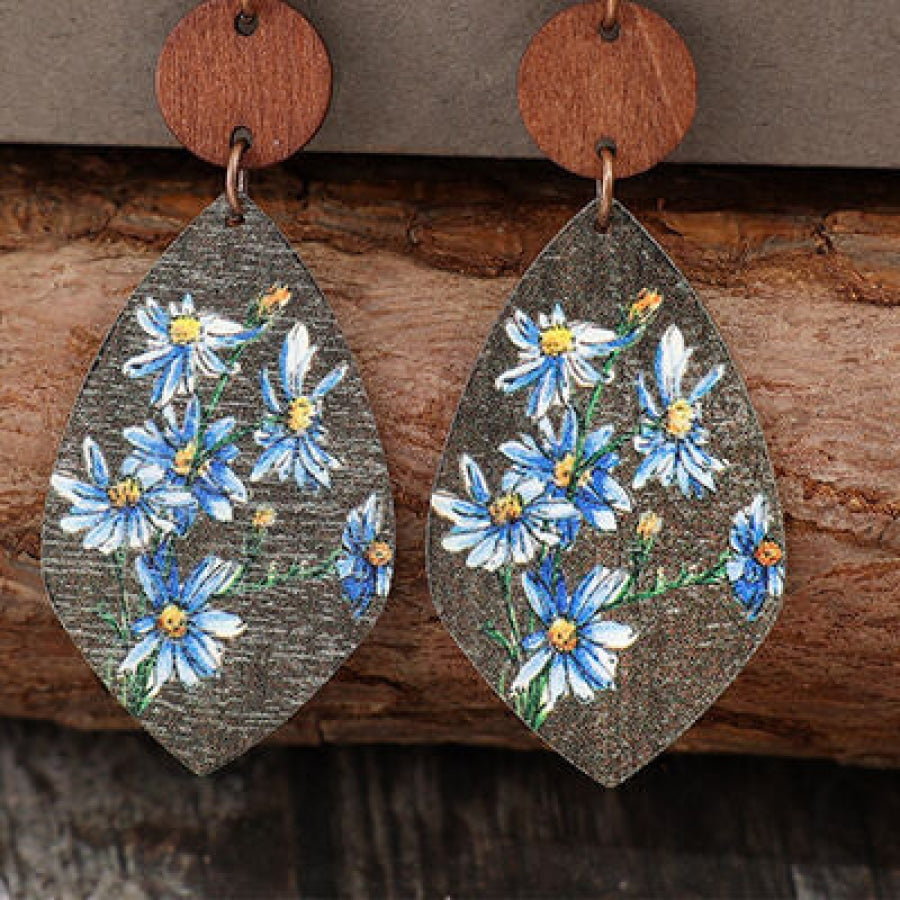 Flower Geometrical Shape Wooden Earrings Misty Blue / One Size Apparel and Accessories