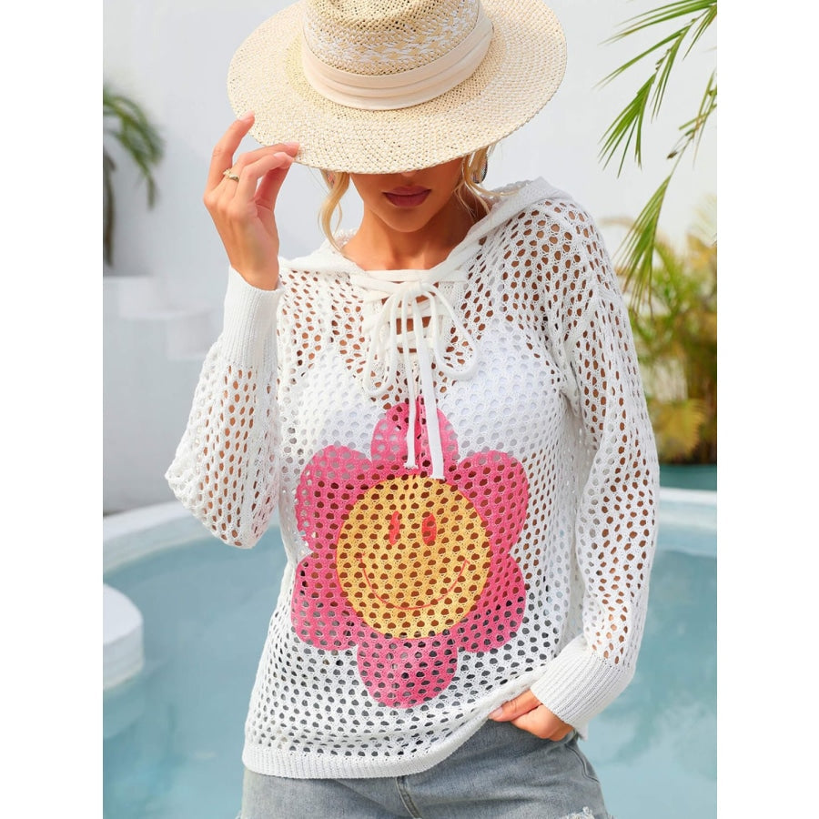 Flower Graphic Lace-Up Openwork Hooded Cover Up