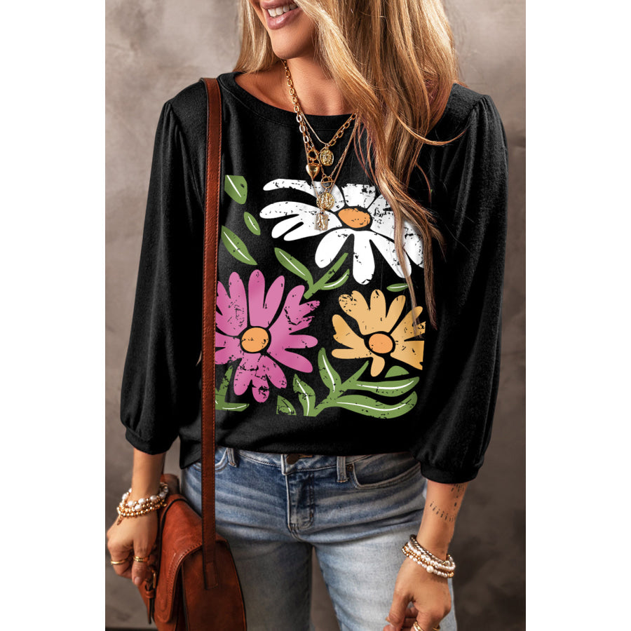 Flower Graphic Round Neck Long Sleeve Top Black / S Apparel and Accessories