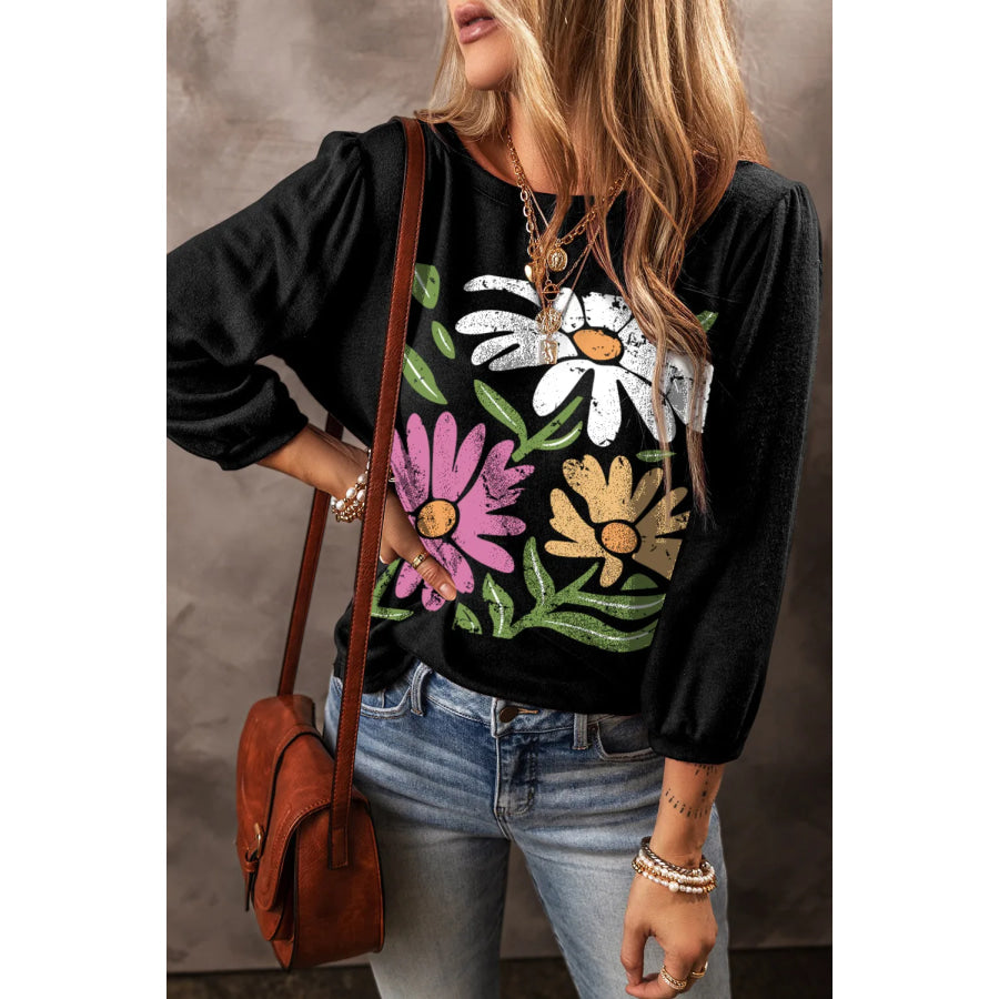 Flower Graphic Round Neck Long Sleeve Top Black / S Apparel and Accessories