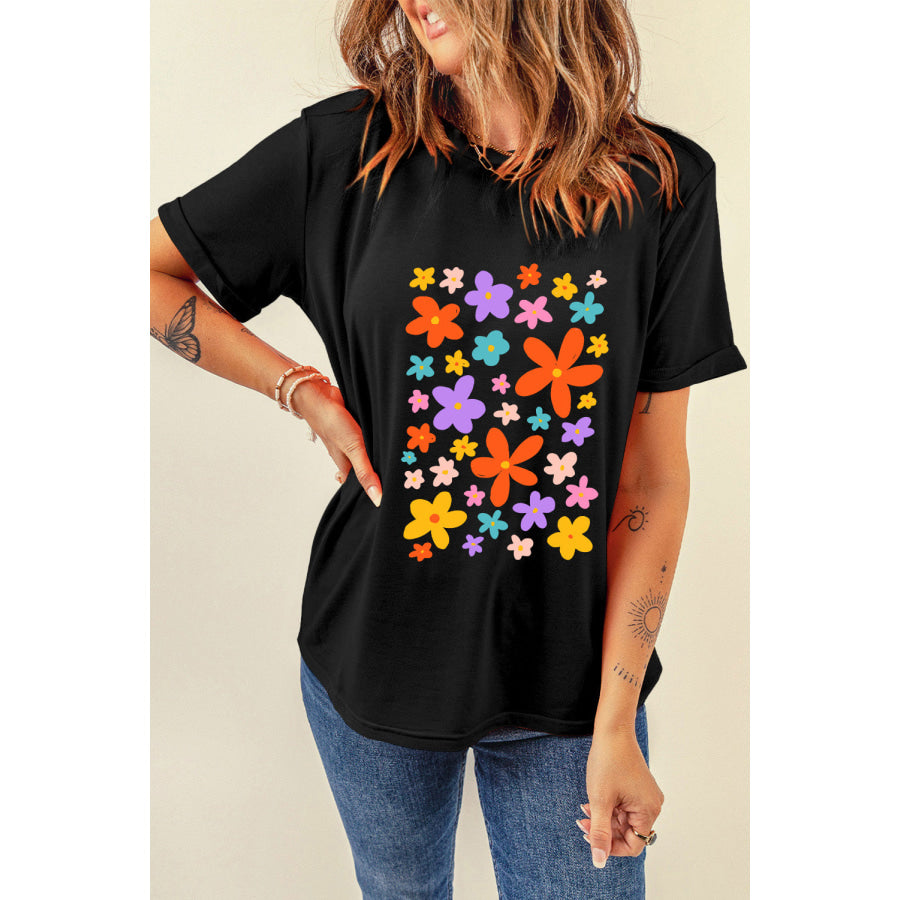 Flower Graphic Round Neck Short Sleeve T - Shirt Apparel and Accessories