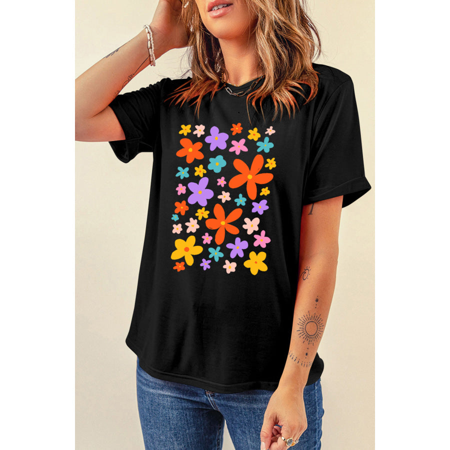 Flower Graphic Round Neck Short Sleeve T - Shirt Apparel and Accessories