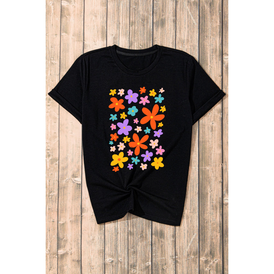 Flower Graphic Round Neck Short Sleeve T - Shirt Apparel and Accessories