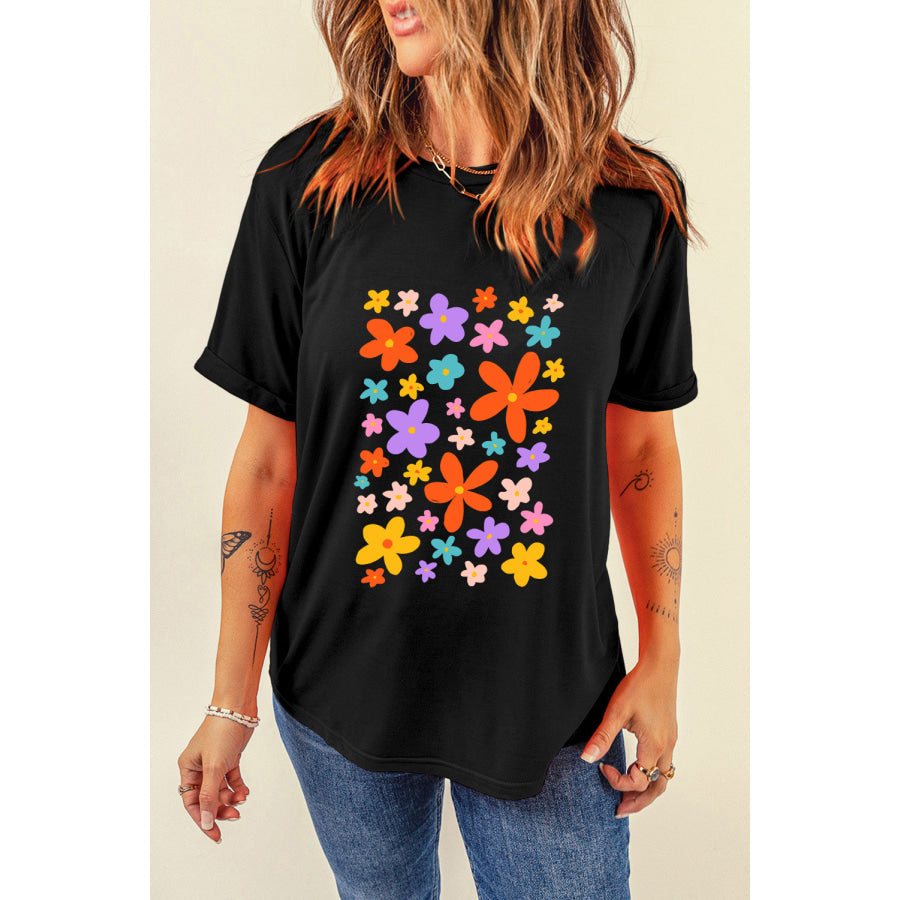 Flower Graphic Round Neck Short Sleeve T - Shirt Black / S Apparel and Accessories