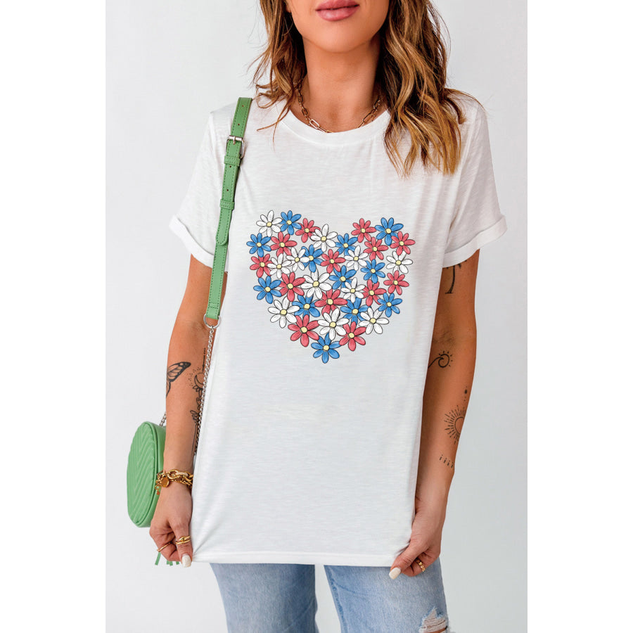 Flower Graphic Round Neck Short Sleeve T-Shirt White / S Apparel and Accessories