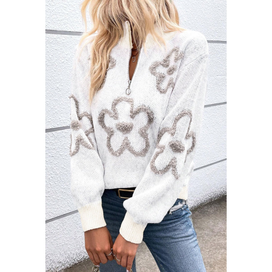 Flower Half Zip Dropped Shoulder Sweater Apparel and Accessories