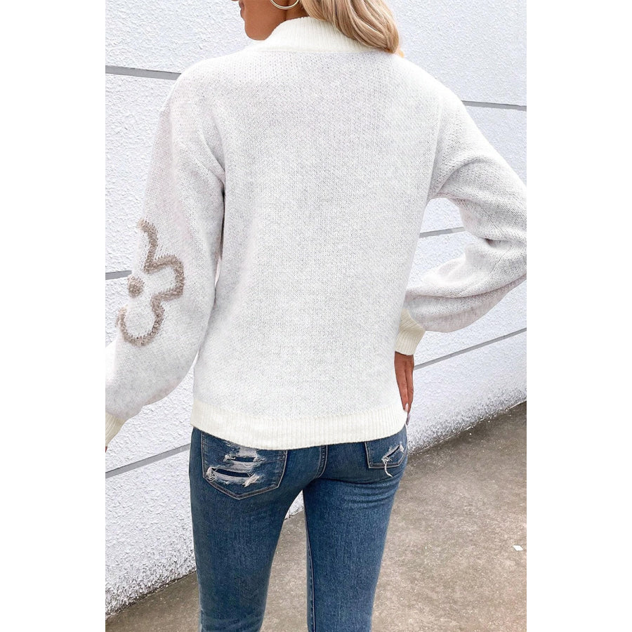 Flower Half Zip Dropped Shoulder Sweater Apparel and Accessories