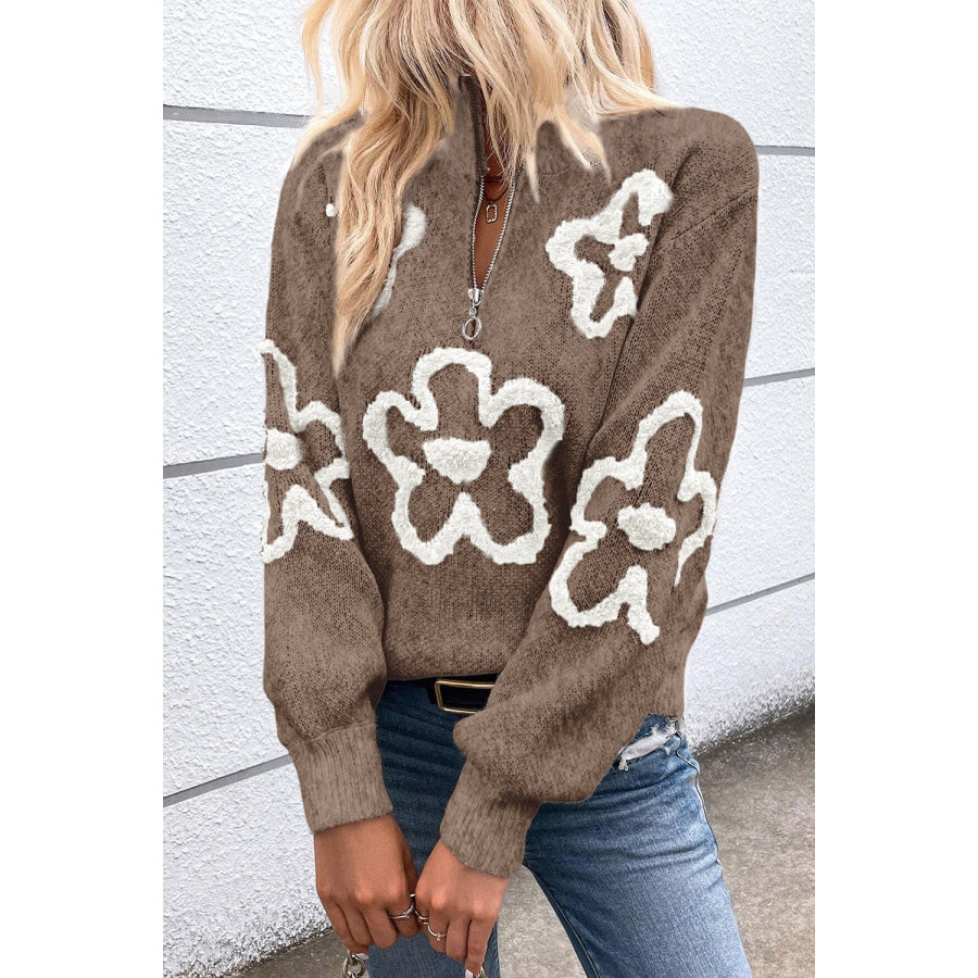 Flower Half Zip Dropped Shoulder Sweater Brown / S Apparel and Accessories