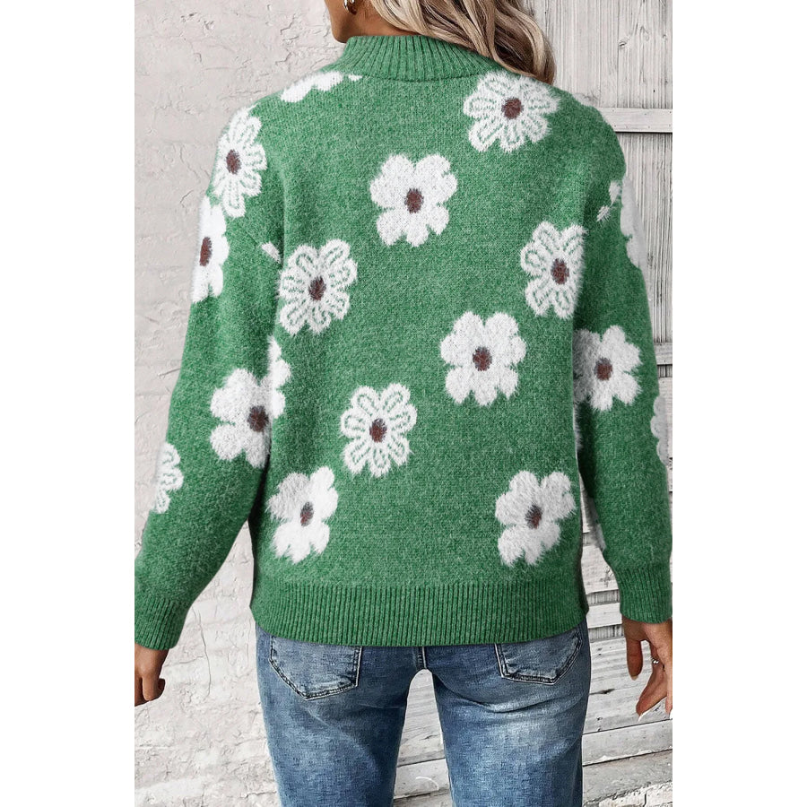 Flower Half Zip Long Sleeve Sweater Apparel and Accessories