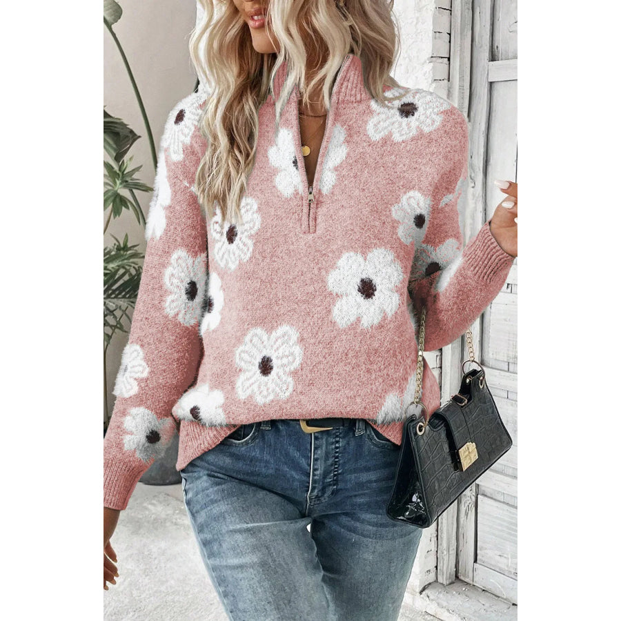 Flower Half Zip Long Sleeve Sweater Blush Pink / 2XL Apparel and Accessories