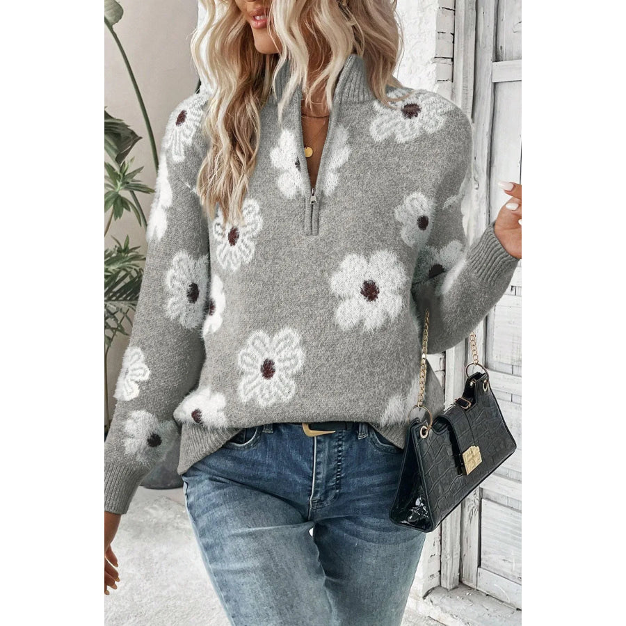 Flower Half Zip Long Sleeve Sweater Gray / 2XL Apparel and Accessories