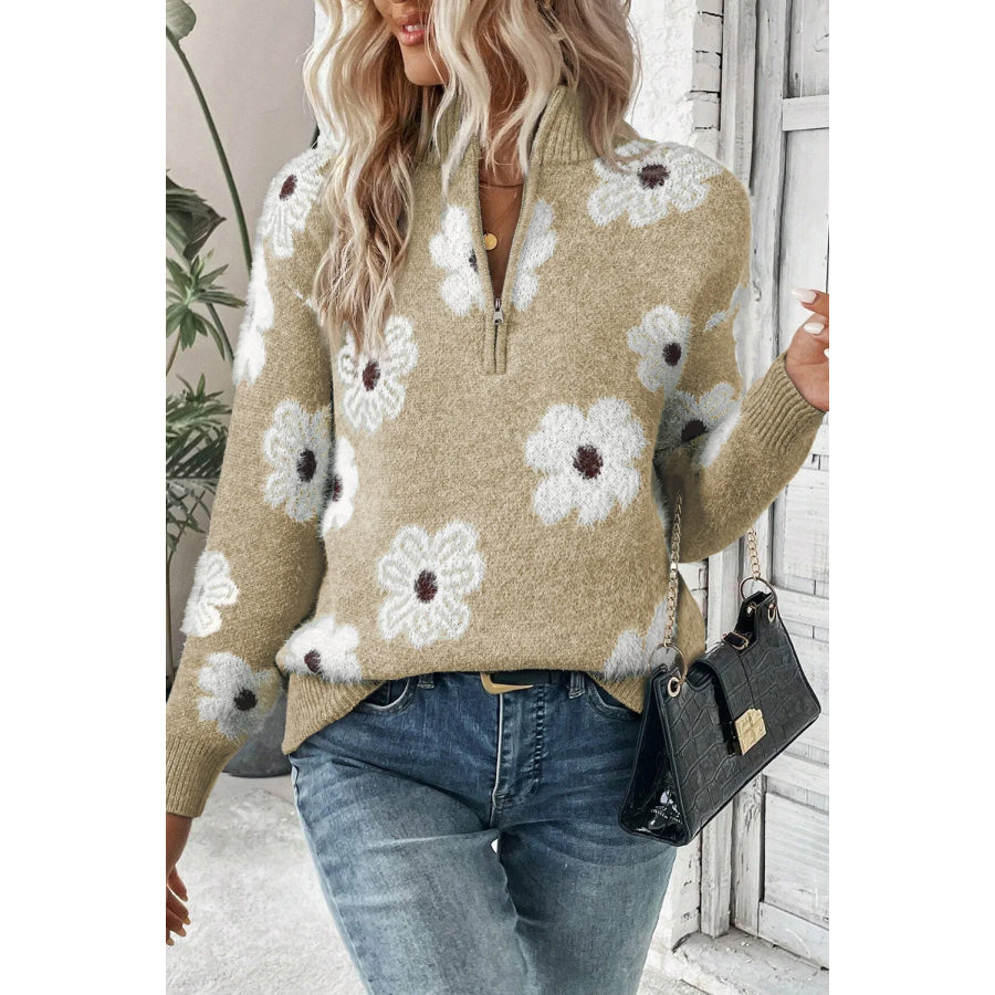 Flower Half Zip Long Sleeve Sweater Tan / S Apparel and Accessories