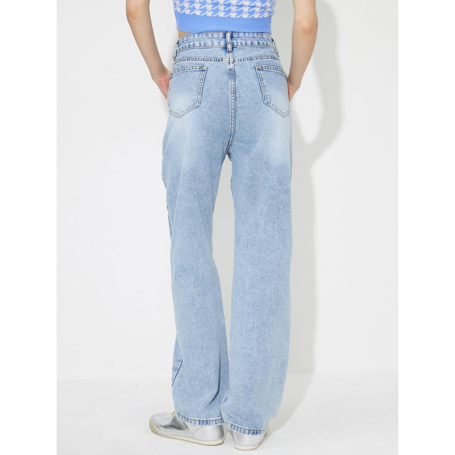 Flower High Rise Straight Leg Jeans with Pockets Apparel and Accessories