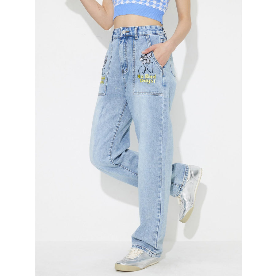 Flower High Rise Straight Leg Jeans with Pockets Apparel and Accessories