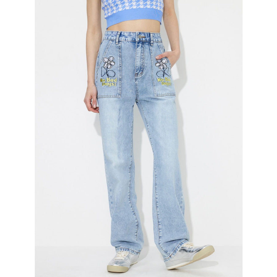 Flower High Rise Straight Leg Jeans with Pockets Apparel and Accessories