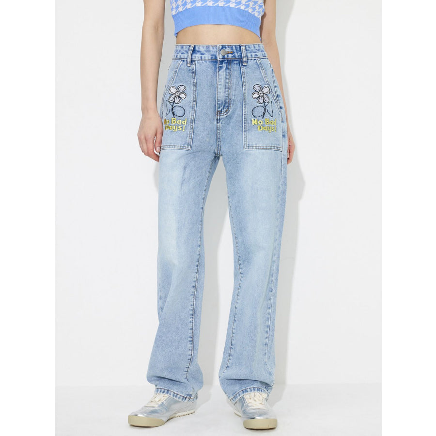 Flower High Rise Straight Leg Jeans with Pockets Apparel and Accessories