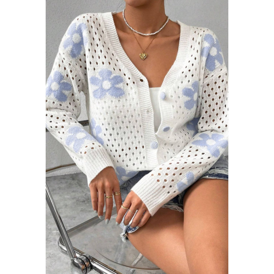 Flower Hollowed Out Button Down Long Sleeve Cardigan White / S Apparel and Accessories