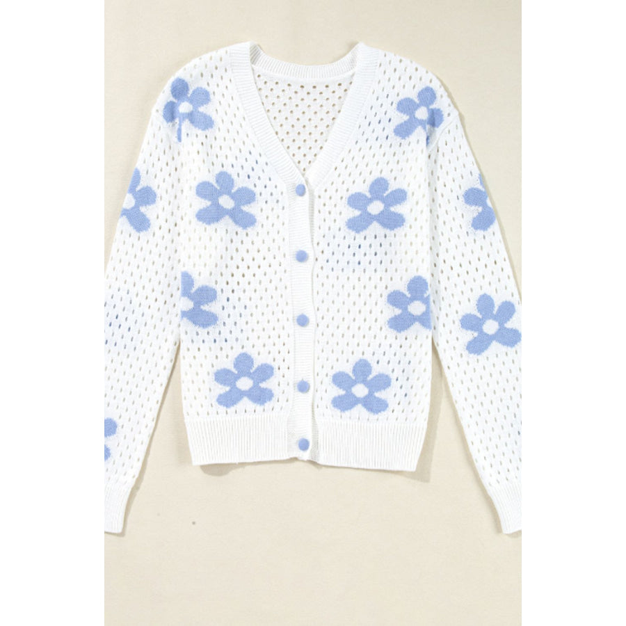 Flower Hollowed Out Button Down Long Sleeve Cardigan Apparel and Accessories