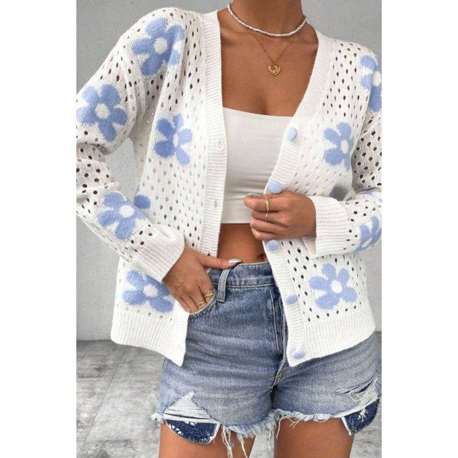 Flower Hollowed Out Button Down Long Sleeve Cardigan Apparel and Accessories