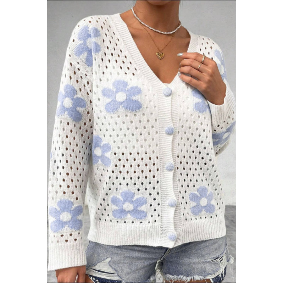 Flower Hollowed Out Button Down Long Sleeve Cardigan Apparel and Accessories