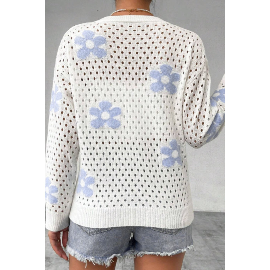 Flower Hollowed Out Button Down Long Sleeve Cardigan Apparel and Accessories