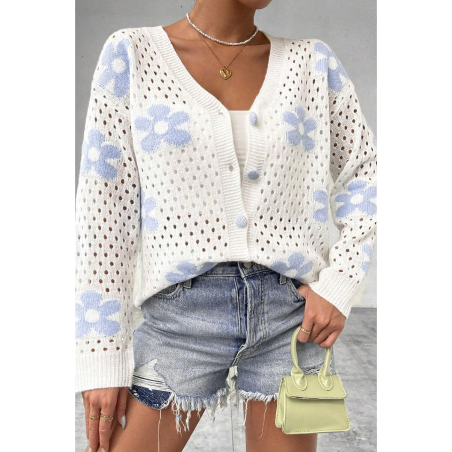 Flower Hollowed Out Button Down Long Sleeve Cardigan White / S Apparel and Accessories